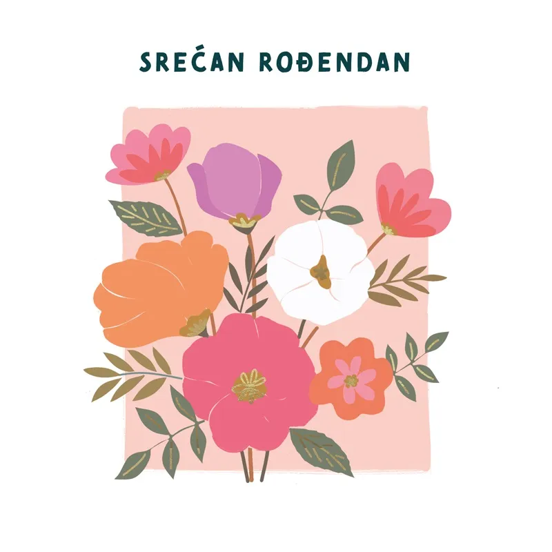 Čestitka SREĆAN ROĐENDAN - CVEĆE, PINK POZADINA 