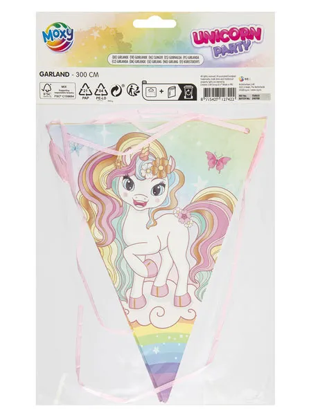 Rođendanska dekoracija - girlanda 3m UNICORN 7 zastavica 