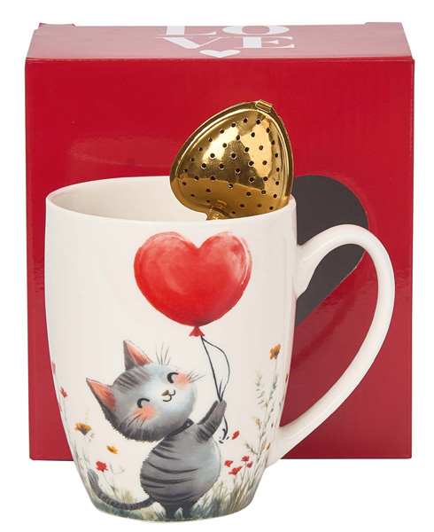 Šolja sa infuzerom u obliku srca MAČKA SA BALONOM 