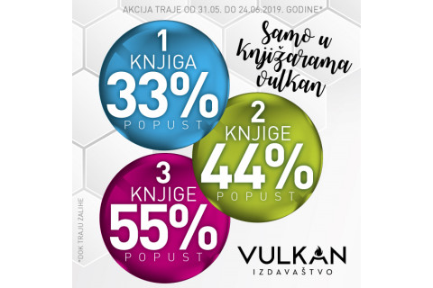 1 knjiga 33% , 2 knjige  44%, 3 knjige  55% popusta