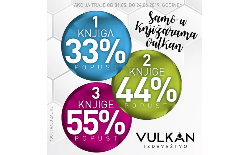 1 knjiga 33% , 2 knjige 44%, 3 knjige 55% popusta