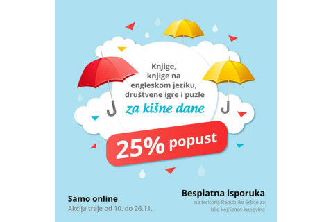 ZA KIŠNE DANE - 25% popusta na knjige, puzle, društvene igre i knjige na engleskom jeziku