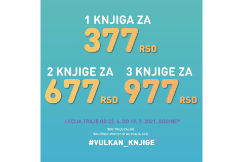 1 knjiga za 377 dinara, 2 knjige za 677 dinara, 3 knjige za 977 dinara.