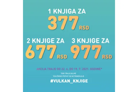 1 knjiga za 377 dinara, 2 knjige za 677 dinara, 3 knjige za 977 dinara.