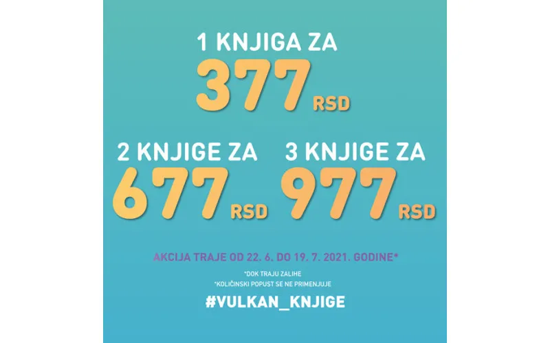 1 knjiga za 377 dinara, 2 knjige za 677 dinara, 3 knjige za 977 dinara.