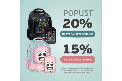 20% na rančeve i pernice, 15% na sveske i pribor