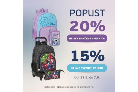 20% POPUSTA na SVE rančeve i pernice ::: 15% popusta na SVE sveske i pribor