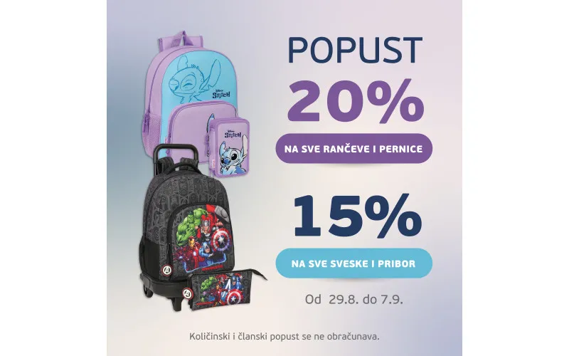 20% POPUSTA na SVE rančeve i pernice ::: 15% popusta na SVE sveske i pribor