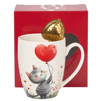 Šolja sa infuzerom u obliku srca MAČKA SA BALONOM 