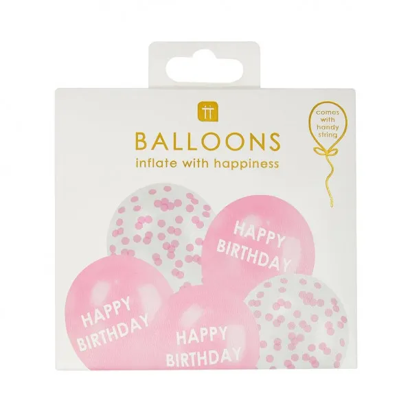 Baloni sa konfetama HAPPY BIRTHDAY PINK 5 kom 