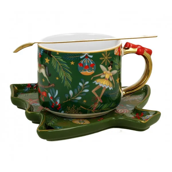 Novogodišnja šolja sa kašičicom i tanjirićem CHRISTMAS SPIRIT 