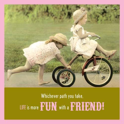 BETSY CAMERON SQR GREETING CARD TWO GIRLS WITH TRICYCLE 