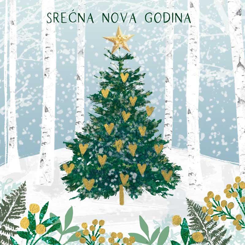 Novogodišnja čestitka SNEŽNA JELKA ZLATNA SRCA 