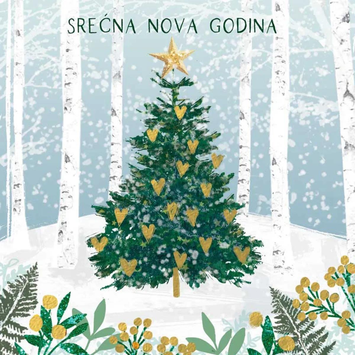 Novogodišnja čestitka SNEŽNA JELKA ZLATNA SRCA 