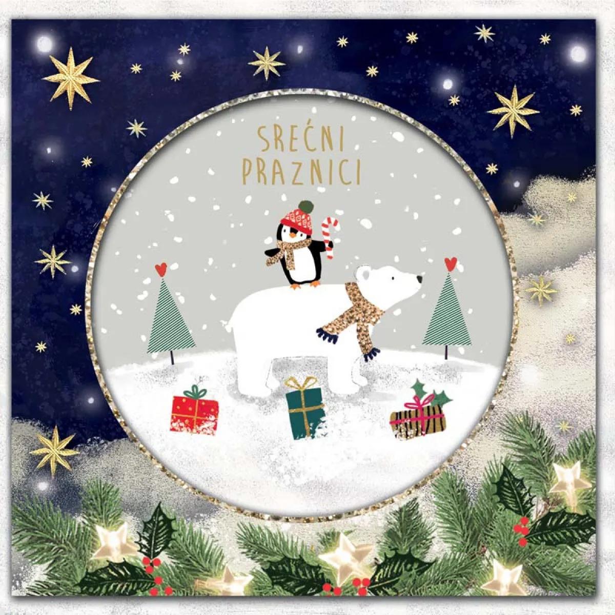 Novogodišnja čestitka SREĆNI PRAZNICI - MEDVED I PINGVIN 