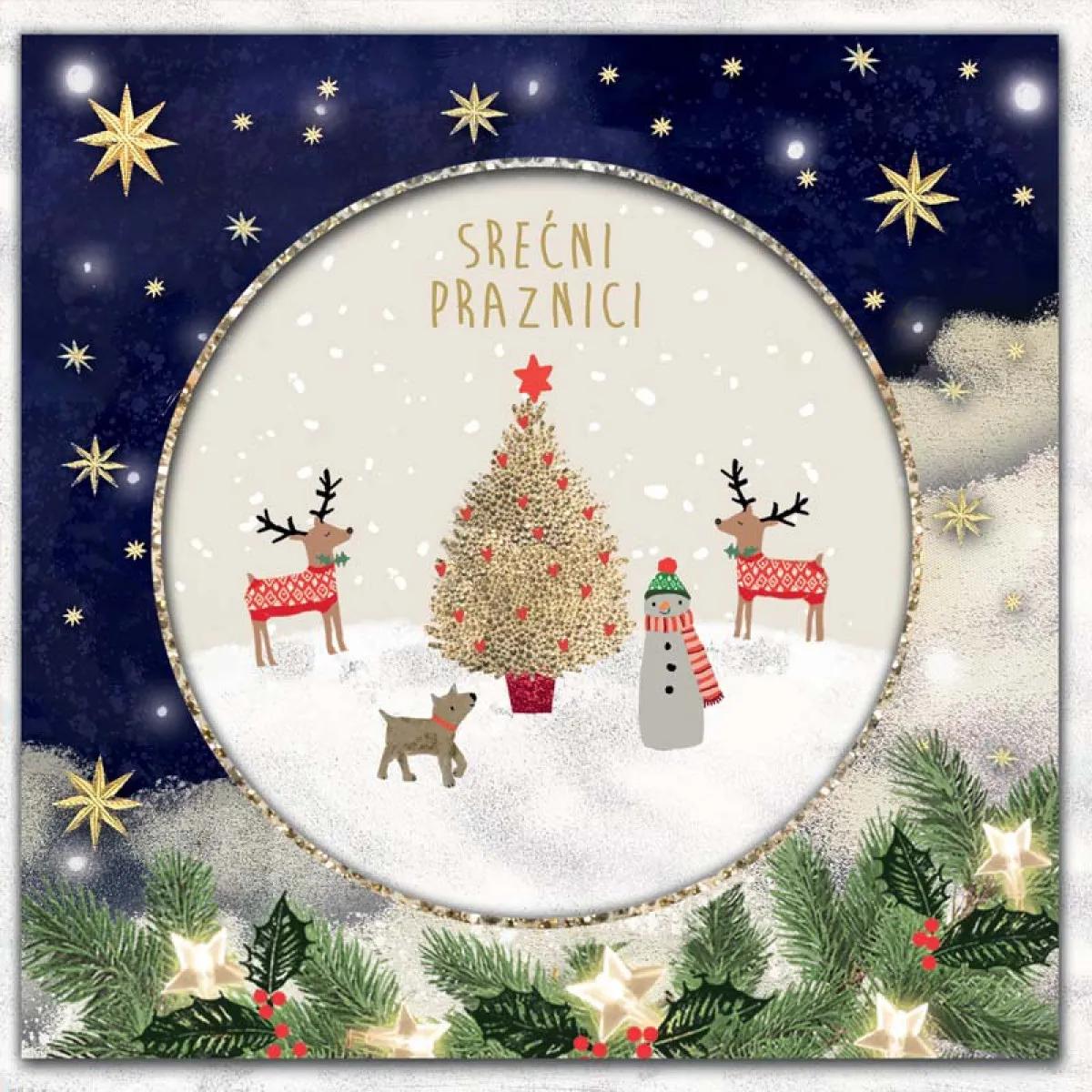 Novogodišnja čestitka SREĆNI PRAZNICI - PAS, JELEN I SNEŠKO 