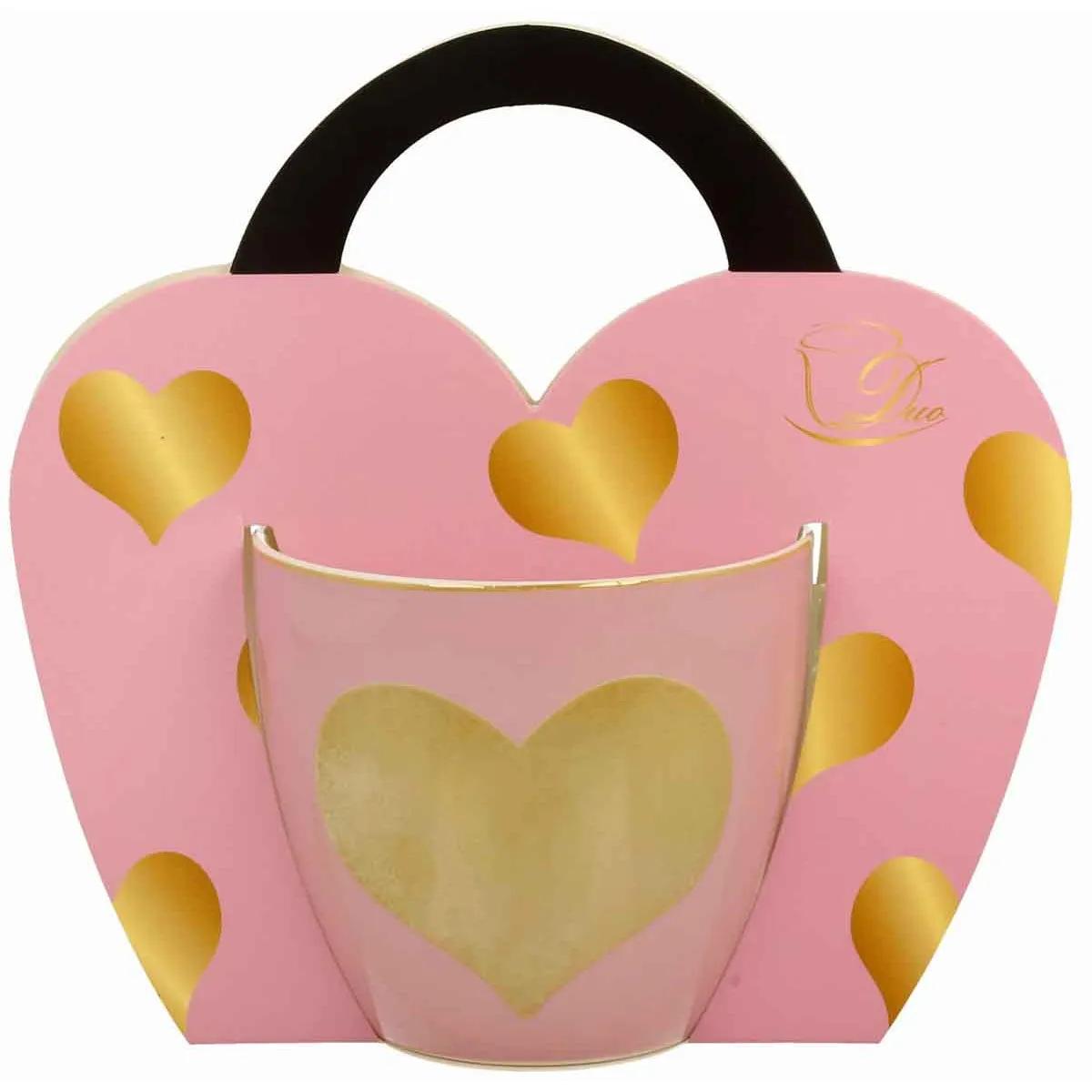 Velika roze šolja ZLATNO SRCE u kartonskoj torbici 