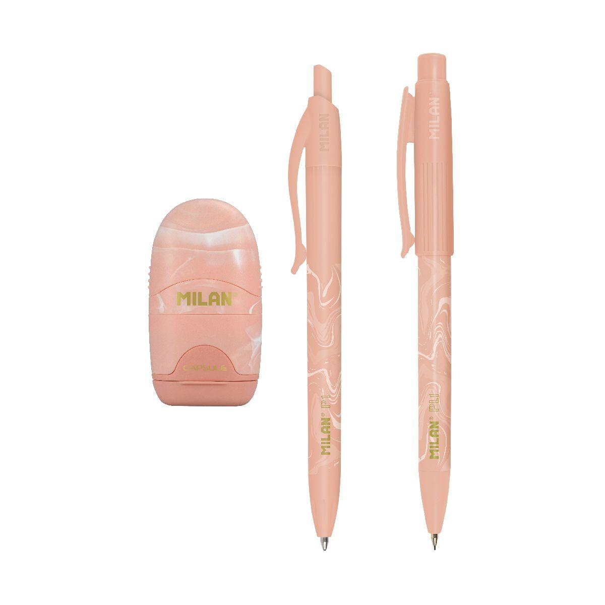 Školski set MILAN - PINK (patent olovka, hemijska, gumica sa rezačem) 
