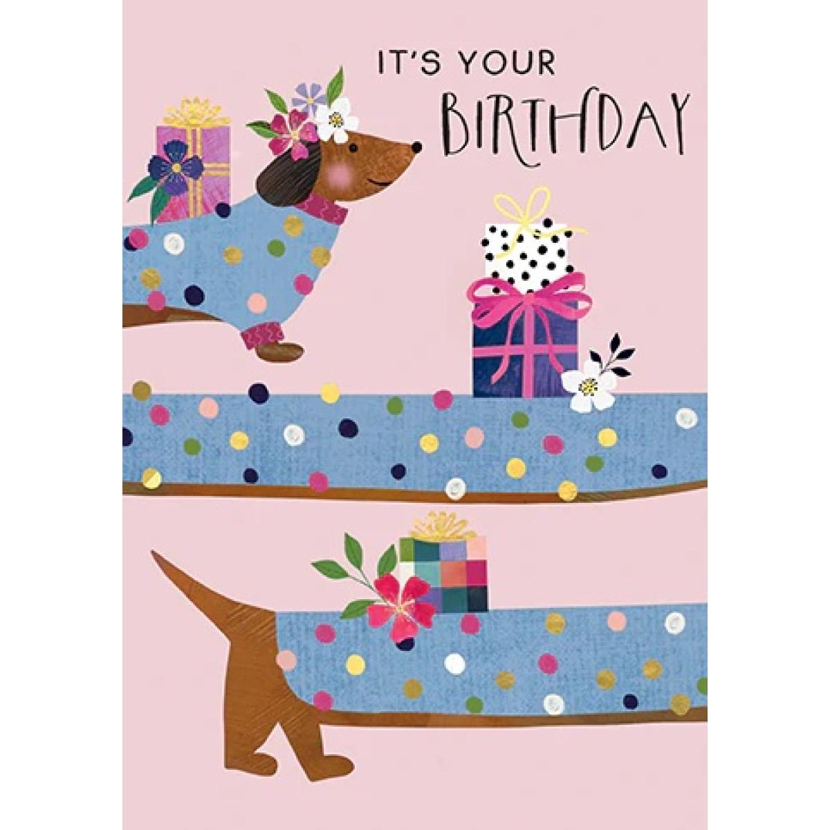 Rođendanska čestitka SAUSAGE DOG AND PRESENTS 