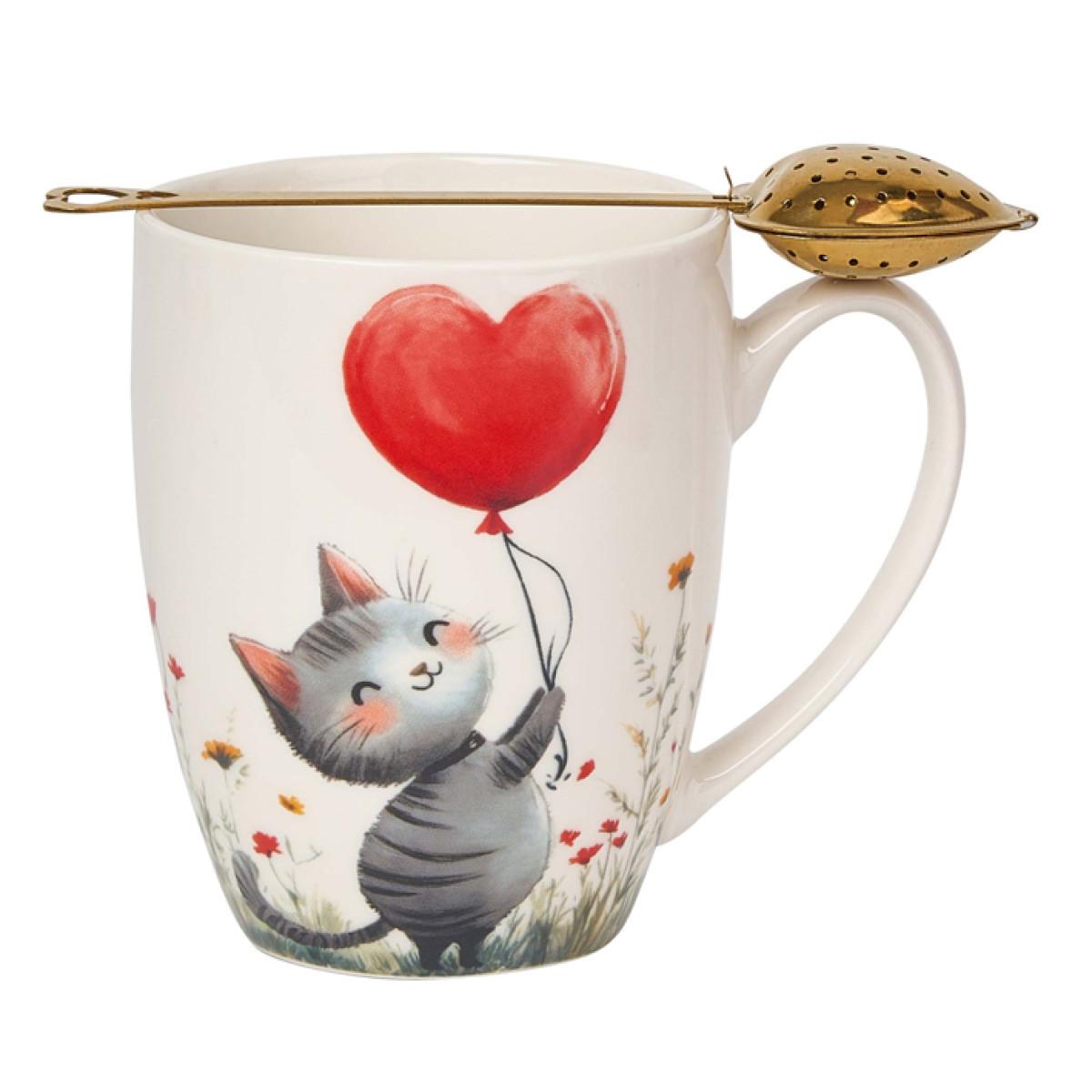 Šolja sa infuzerom u obliku srca MAČKA SA BALONOM 